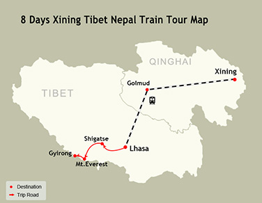 8 Days Xining Tibet Nepal Train Tour Map