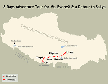 8 Days Everest Sakya Detour Tour Map