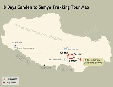 8 Days Ganden to Samye Trekking Tour Map