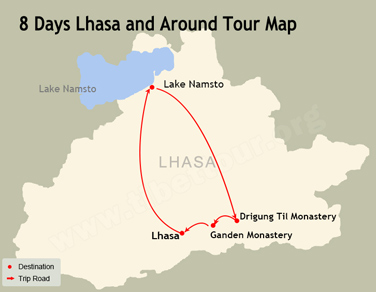 8 Days Lhasa and Around Tour Map
