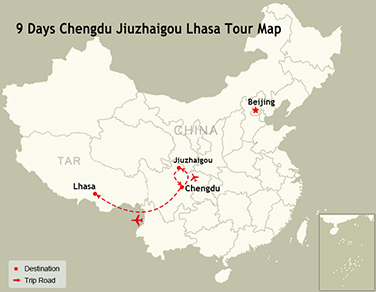 9 Days Chengdu Jiuzhaigou Lhasa Tour Map