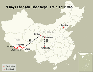 9 Days Chengdu Tibet Nepal Train Tour Map