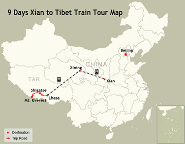 9 Days Xian to Tibet Train Tour Map