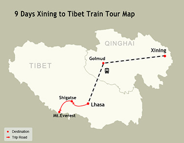 9 Days Xining to Tibet Train Tour Map