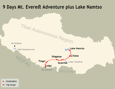 9 Days Everest and Namtso Tour Map