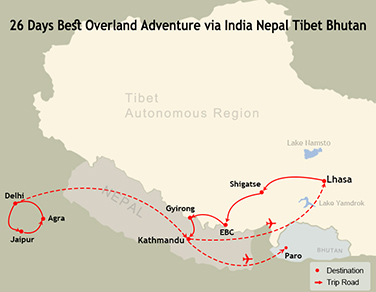 26 Days Best Overland Adventure via India Nepal Tibet Bhutan