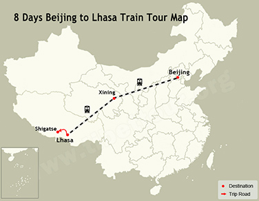 8 Days Beijing to Lhasa Train Tour Map
