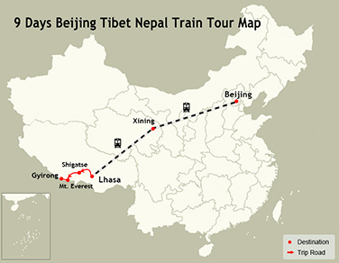 9 Days Beijing Tibet Nepal Train Tour Map