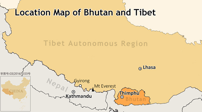 Bhutan and Tibet Location Map