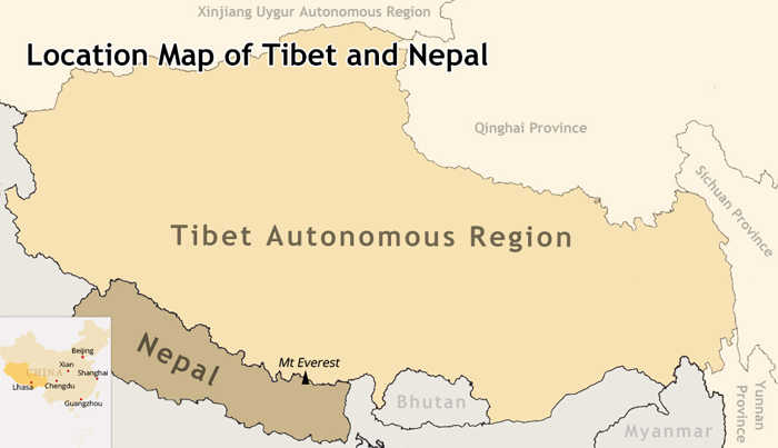 Map showing Tibet and Nepal on opposite sides of the Himalayas