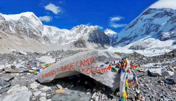 Everest Base Camp in Nepal with surrounding peaks