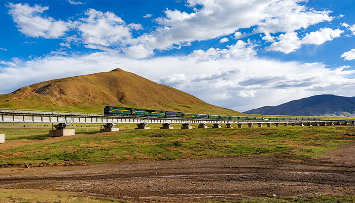 Tibet train traveling across plateau grasslands
