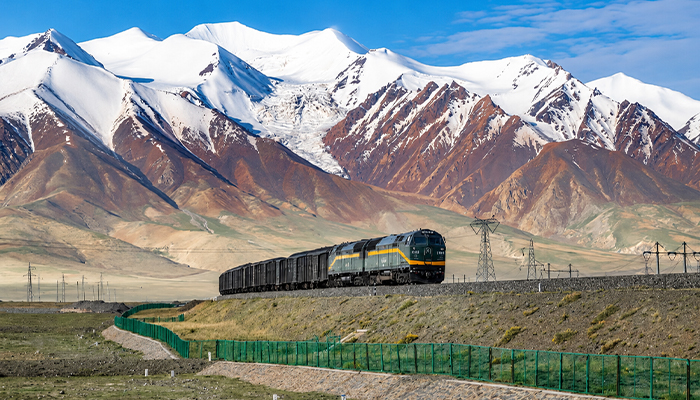 Tibet Train journey through snowy mountains