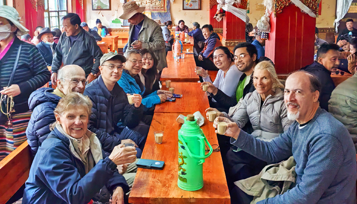 Enjoying Tibetan sweet tea in Lhasa