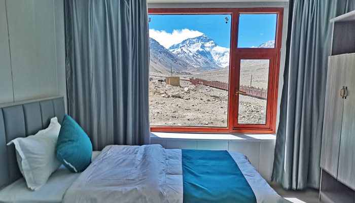 Mount Everest view from Rongbuk Hotel room