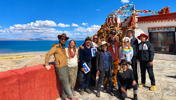 Traveler wearing sun protection at Kailash Mansarovar